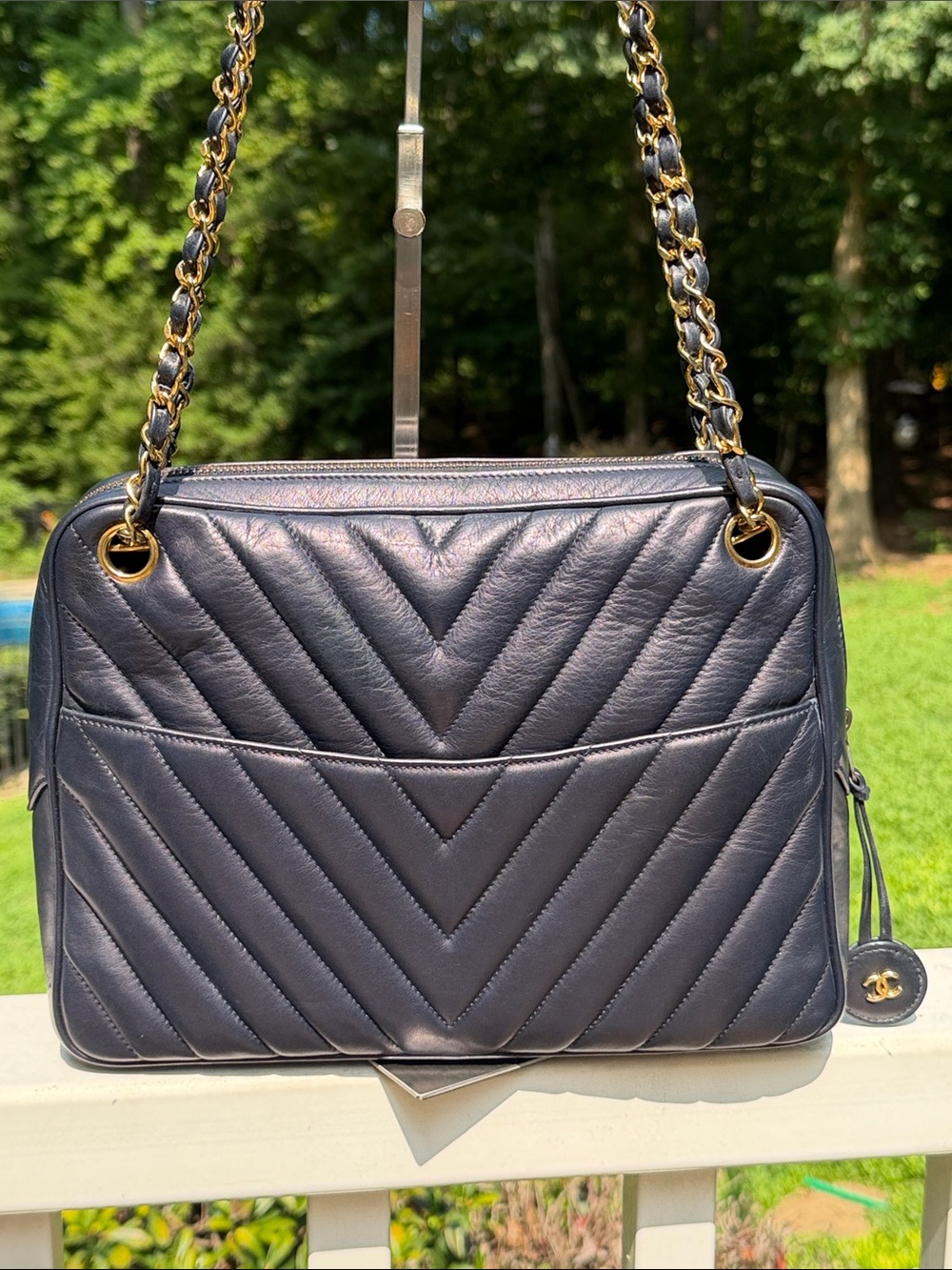 CHANEL Navy Chevron Quilted LAMBSKIN Leather Shoulder Bag with COA